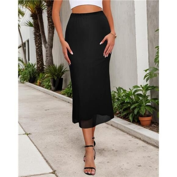 Women's Mesh Midi Skirt Elastic High Waisted Black - Picture 5 of 6